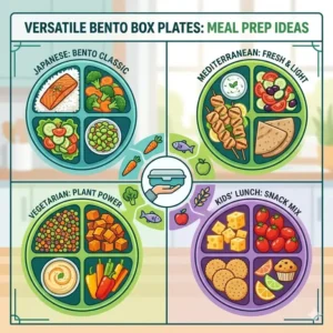 Graphic showcasing different meal prep ideas using versatile bento box plates.