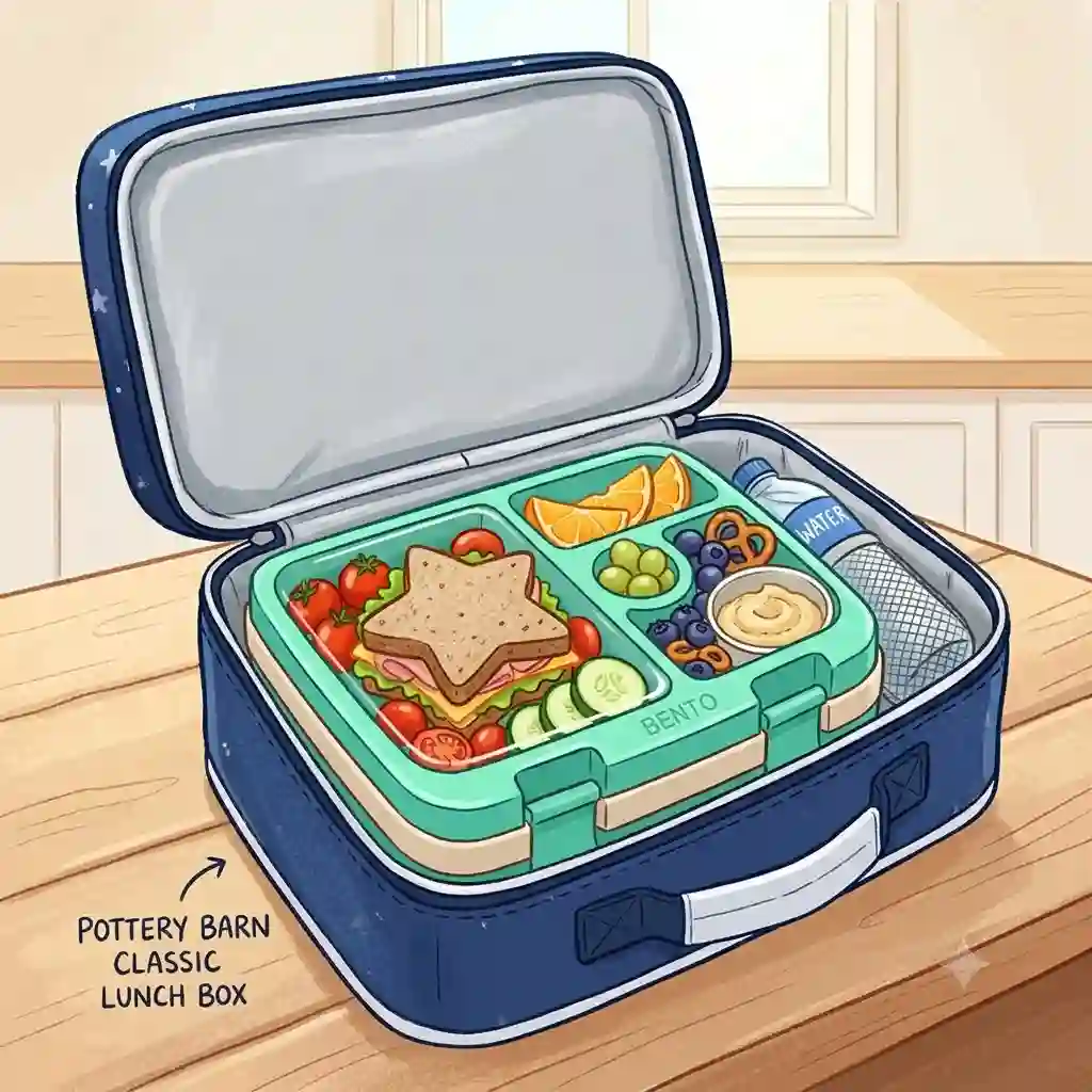 A packed leakproof bento box that fits in pottery barn classic lunch bag shown open on a kitchen table.