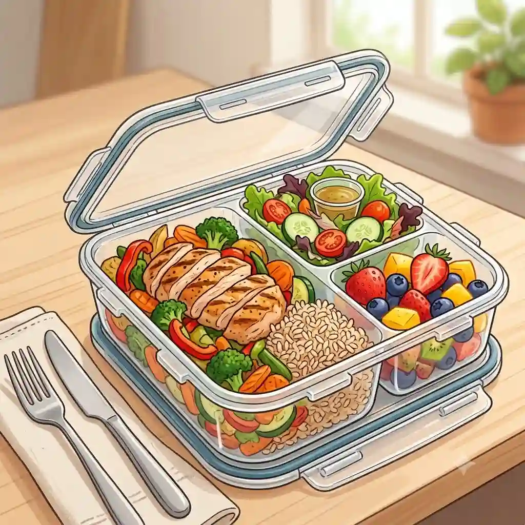 A high-quality featured image showcasing eco-friendly three compartment food containers filled with a balanced, healthy meal preparation.