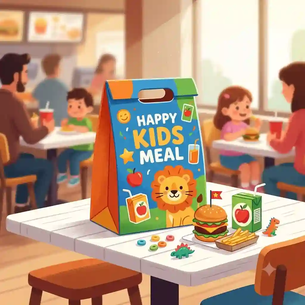 A colorful custom paper kids meal bag sitting on a restaurant table next to a burger, fries, and a juice box.