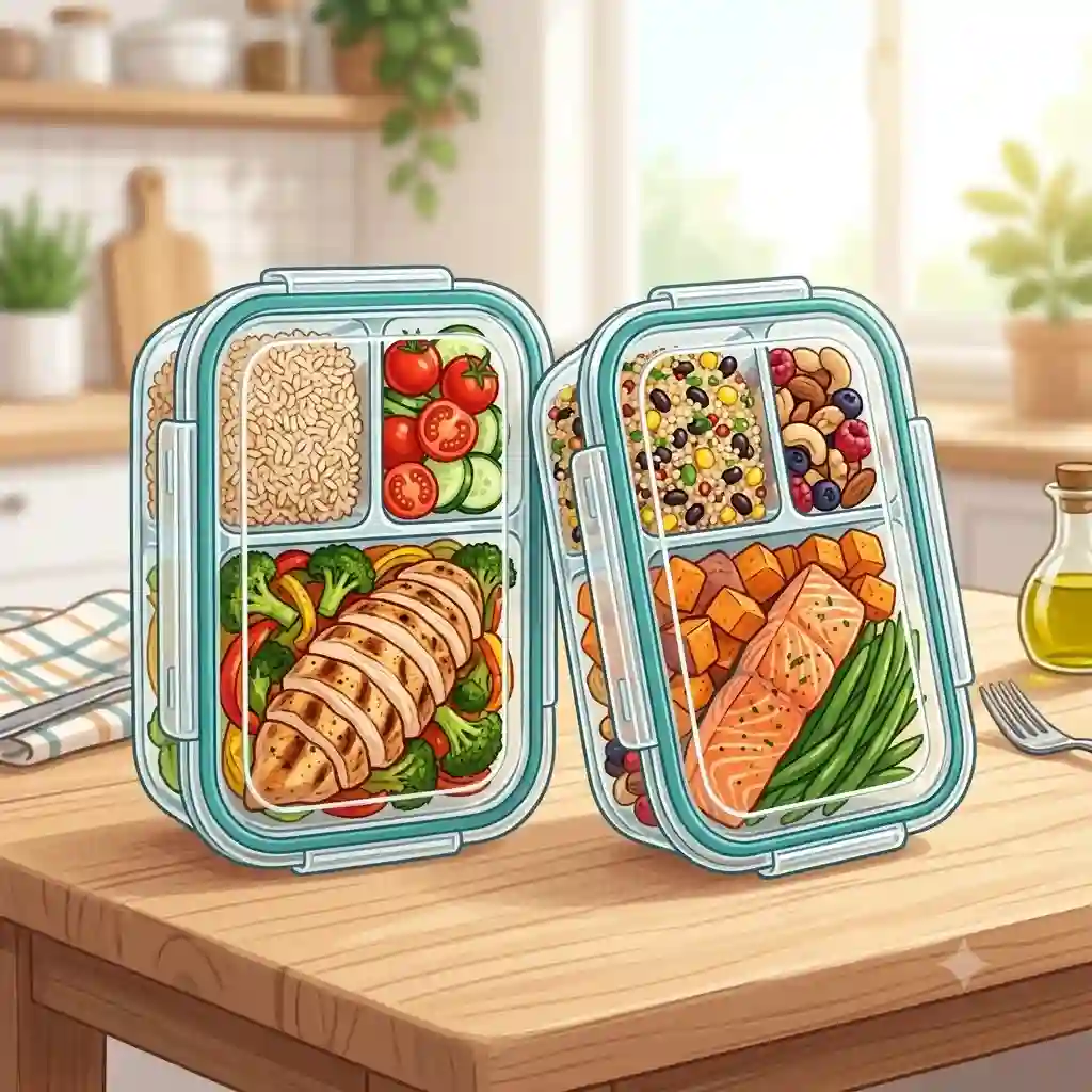 Set of glass containers 3 compartment filled with healthy meal prep food on a kitchen counter.