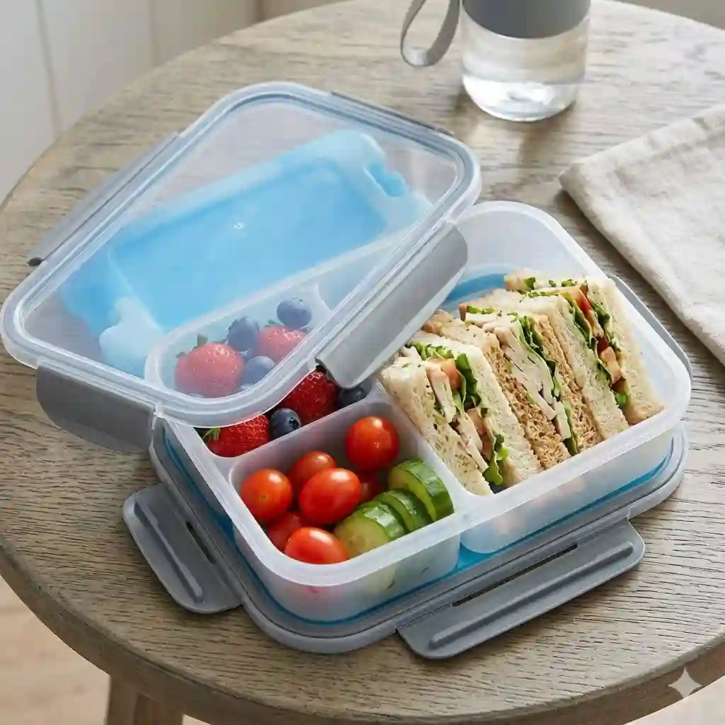A multi-compartment bento box with an integrated ice pack compartment shown next to fresh fruits and a sandwich.