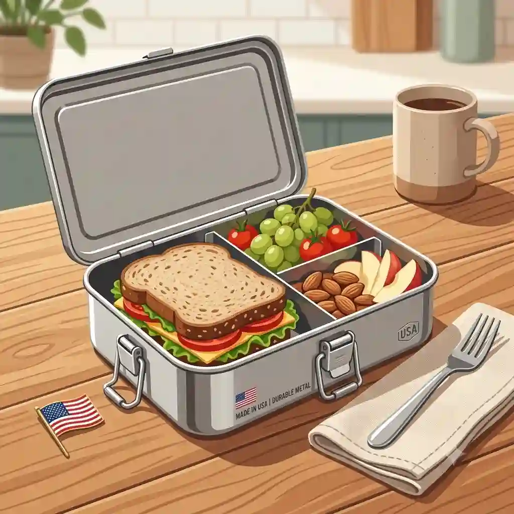 A best lunchbox made in usa on a wooden table, packed with a healthy sandwich, fresh fruit, and snacks.