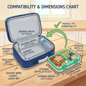A detailed size and dimensions chart showing a compatible bento box that fits in pottery barn classic lunch box perfectly.