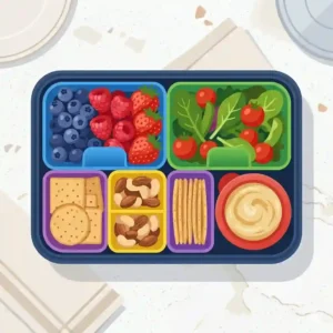 A close-up view of flexible silicone bento inserts filled with fresh berries, snacks, and crackers.