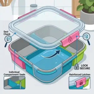 2: Illustration demonstrating how a bpa free bento box uses secure latches to remain leak-proof.