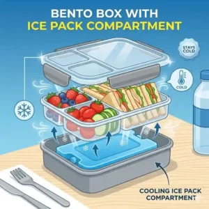 An illustrated cross-section showing how the removable ice pack compartment fits securely beneath the food trays.