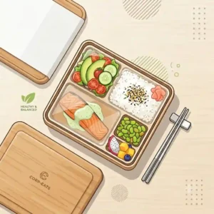 A flat lay vector illustration of a modern corporate bento box showing clean compartments for organized meal prep.