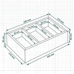 Technical drawing showing the exact measurements and dimensions of a box with 3 compartments.
