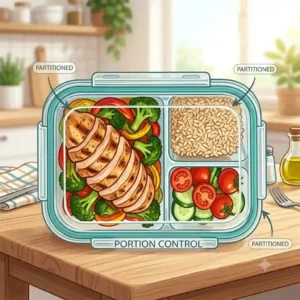 An illustration showing the exact dimensions and layout of glass containers 3 compartment.