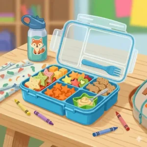 Illustration of a colourful kids school lunch inside a blue bpa free snack box.