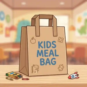A brown kraft paper kids meal bag with flat sturdy handles designed for fast food takeout.