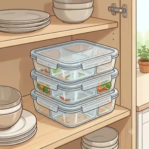 An illustration demonstrating portion control using three compartment food containers to separate proteins, grains, and vegetables.