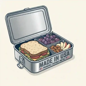 Durable metal lunchbox made in usa featuring heavy-duty latches and an American flag emblem.