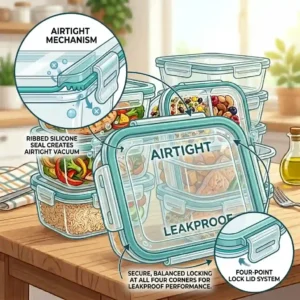 A diagram illustrating the airtight silicone seal lid on glass containers 3 compartment.
