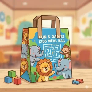 Vibrant kids meal bag illustration featuring playful cartoon animals and puzzle games printed on the side.