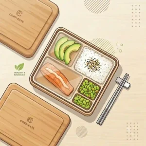 Minimalist illustration of a sleek corporate bento box next to a laptop on a clean office desk, representing a healthy workplace lunch