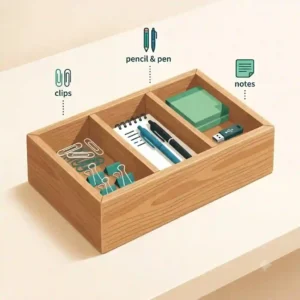 An illustration of an office desk organizer box with 3 compartments holding pens, sticky notes, and paperclips.