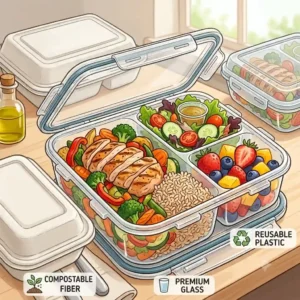 A diagram comparing different materials of three compartment food containers including glass, reusable plastic, and compostable sugarcane bagasse.