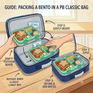 An illustrated step-by-step guide on how to pack a bento box that fits in pottery barn classic bag with an ice pack.