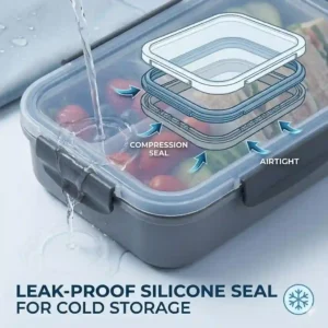 Close-up diagram of a silicone seal preventing leaks inside a bento box with an ice pack compartment.