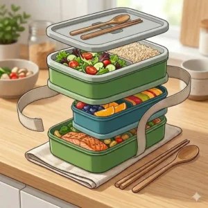 Close-up of the airtight seal on a stackable bento lunch box preventing food leakage.