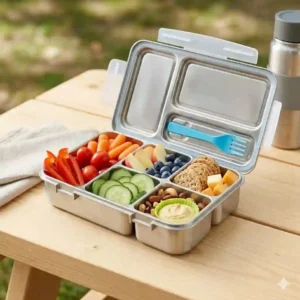 Illustration showing the material close-up of a stainless steel bpa free snack box.