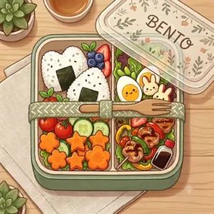 A stacked two-tier design of cute bento boxes for adults with a secure elastic strap and matching reusable utensils.