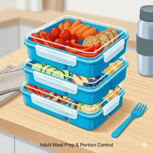 Illustration of adult meal prep utilizing a bpa free snack box for portion control.