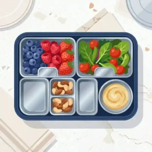 Fun and brightly colored bento inserts shaping a child’s school lunch with bite-sized finger foods.