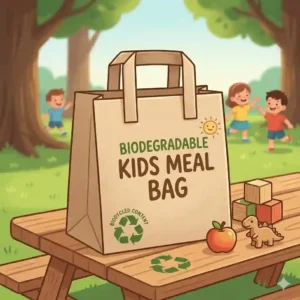 An eco friendly biodegradable kids meal bag made from recycled materials, emphasizing green packaging solutions.