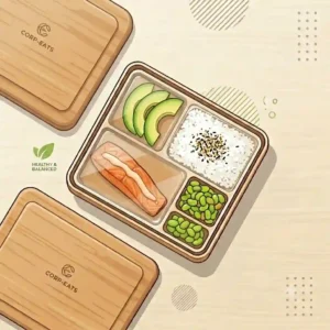 Line art illustration highlighting sustainable and eco-friendly materials used in a premium corporate bento box design.