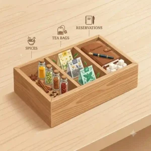 A kitchen storage box with 3 compartments neatly sorting different tea bags and spices.