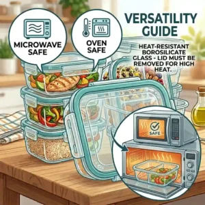 An illustration of glass containers 3 compartment being safely heated in a microwave and oven.