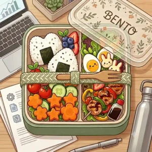 A professional office setting featuring cute bento boxes for adults filled with a gourmet salad and protein snacks sitting on a desk next to a laptop.