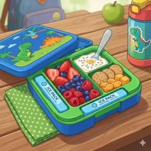 A colorful kids bento box with ice pack compartment filled with berries, crackers, and yogurt for a school lunch.