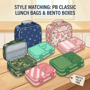 A style matching guide showcasing different colorful mix-and-match options for a bento box that fits in pottery barn classic patterns.