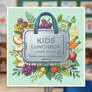 Kids lunchbox made in usa in a colorful, bento style with a juice box.