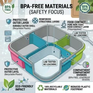 A diagram highlighting the non-toxic, safe materials used in a high-quality bpa free bento box.