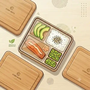 Stylized illustration of a corporate bento box featuring a customizable company logo, ideal for corporate gifting and employee wellness.