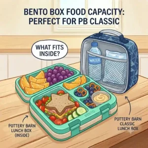 An illustration showing the food capacity and compartmental layout of a bento box that fits in pottery barn classic lunch box.