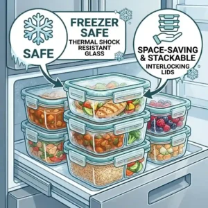 An illustration of glass containers 3 compartment neatly stacked inside a freezer.