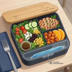 A sleek, modern adult bento box with an ice pack compartment containing a meal-prepped salad and grilled chicken.
