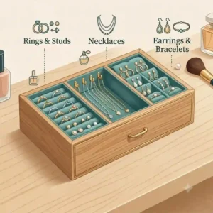 An elegant vanity storage box with 3 compartments separating rings, necklaces, and earrings.