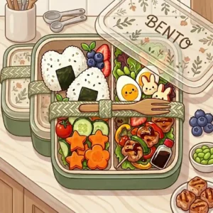 Healthy meal preparation showcasing three cute bento boxes for adults lined up on a kitchen counter packed for the workweek.