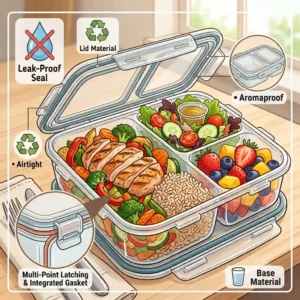Icons illustrating that these durable three compartment food containers are safe for microwave heating, freezer storage, and dishwasher cleaning.