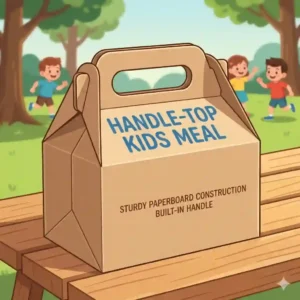 A rigid paperboard kids meal bag box with a built-in handle top for easy carrying.