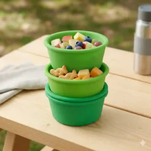 Illustration showing a stack of flexible silicone bpa free snack cups.