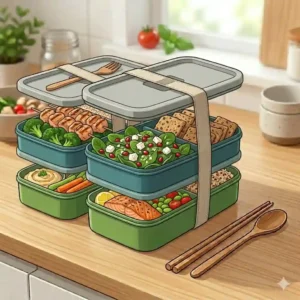 Three stackable bento lunch boxes filled with healthy meals for weekly meal prep.