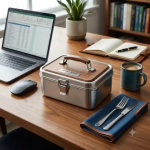 Adult work lunchbox made in usa that is sleek and minimalist, next to a coffee mug.